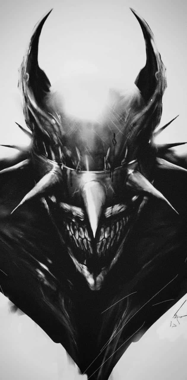 The Batman Who Laughs 桌布 壁紙 — 一個帶有尖刺王冠和鋸齒狀笑容的惡魔形象的黑白插圖，充滿威脅感。