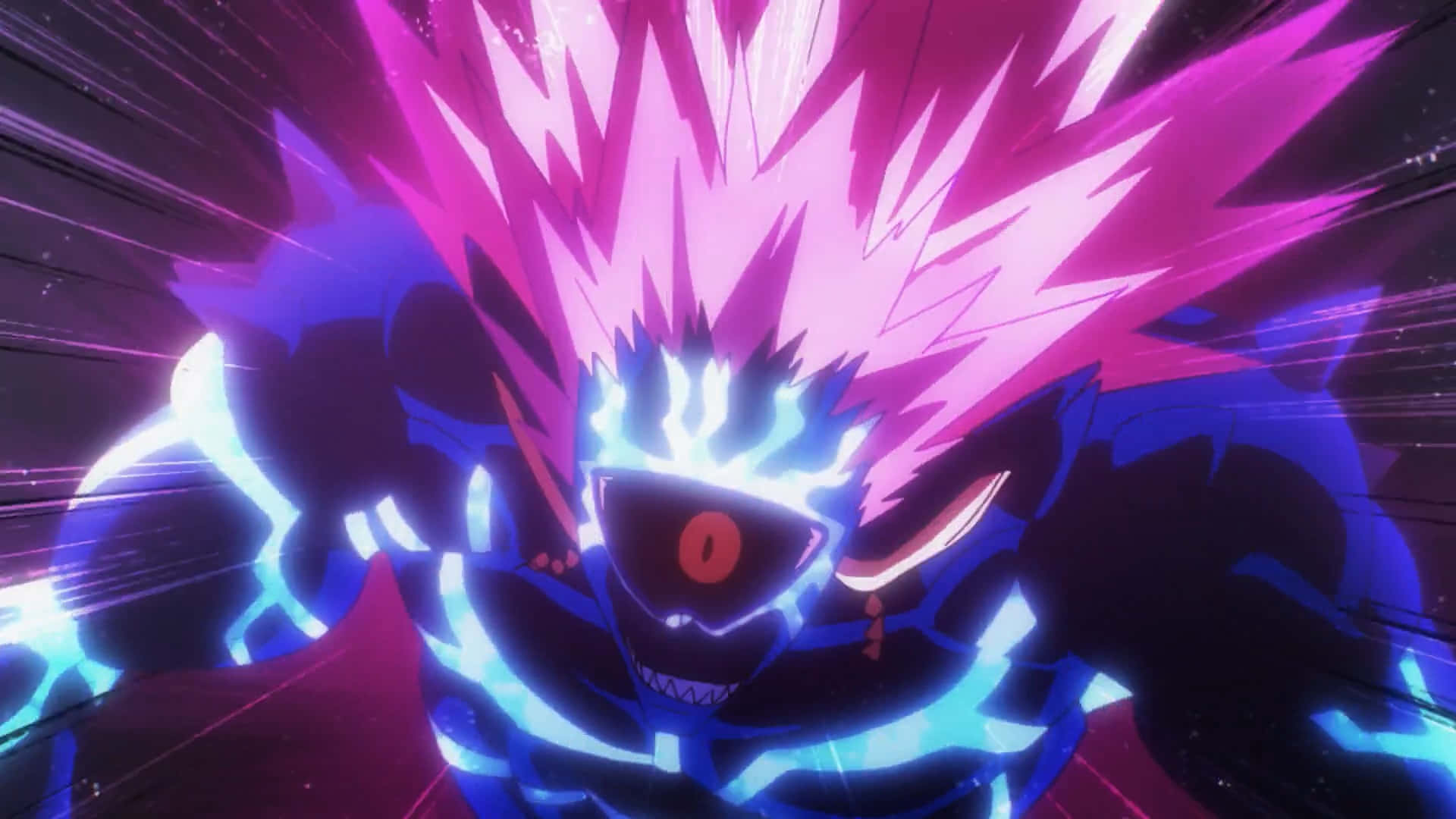 Lord Boros 桌布 壁紙 — 一個帶有尖刺粉紅色頭髮和發光藍色盔甲的威脅性動漫角色在黑暗的宇宙背景下咆哮。