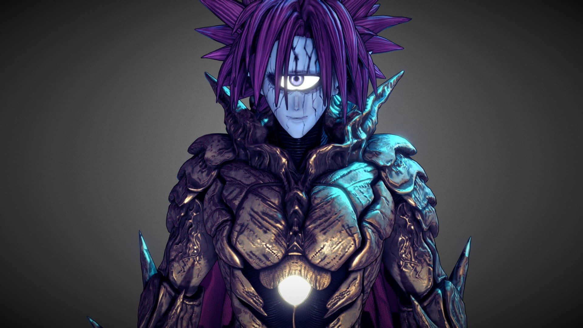 Lord Boros 桌布 壁紙 — 一個帶有尖刺紫色頭髮和發光眼睛的威脅性動漫角色，穿著華麗的金屬盔甲，背景為深灰色。