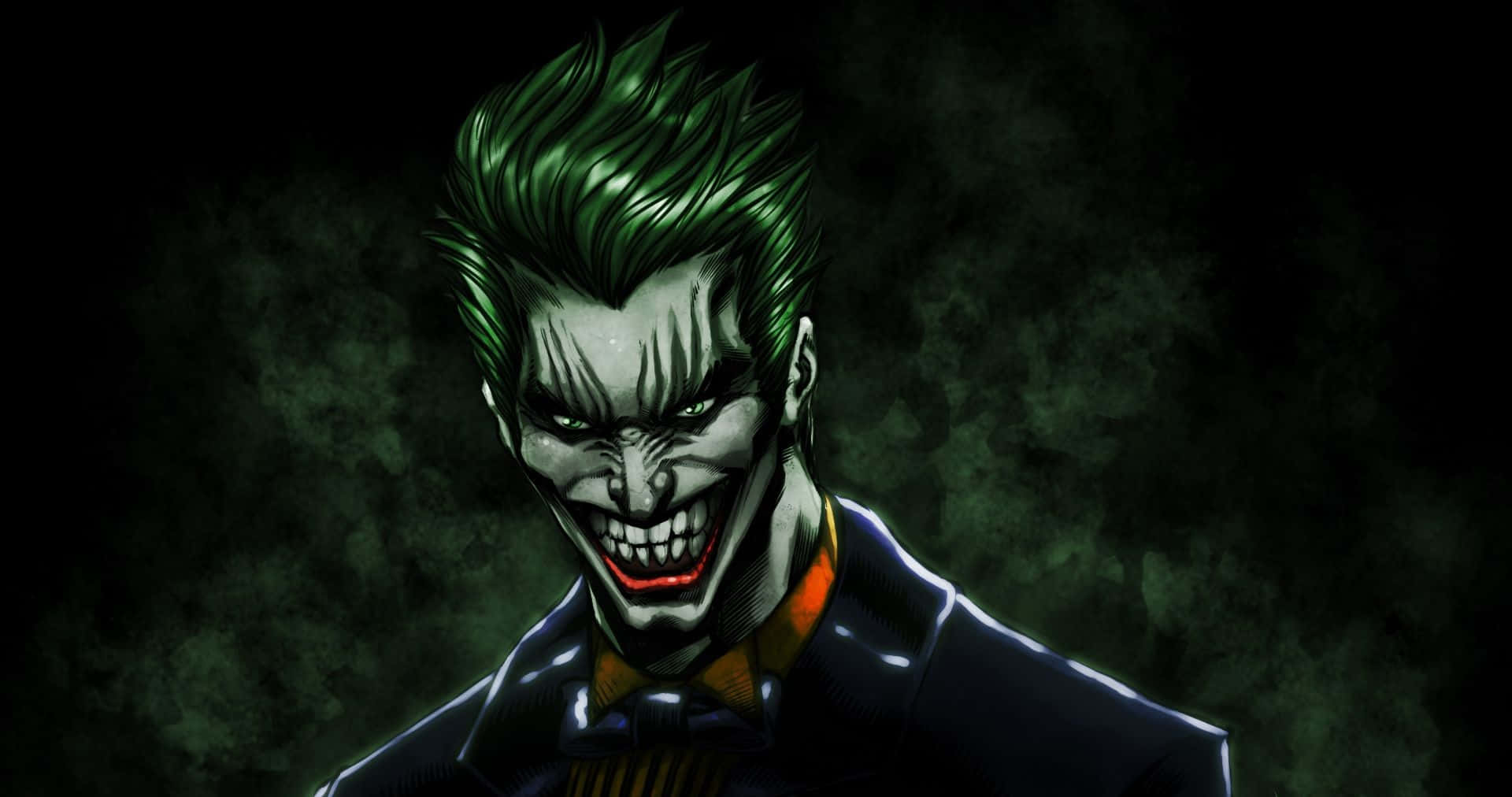 Evil Joker 桌布 壁紙 — 一個帶有尖刺綠髮和咧嘴笑、在黑暗煙霧背景下的威脅性小丑。