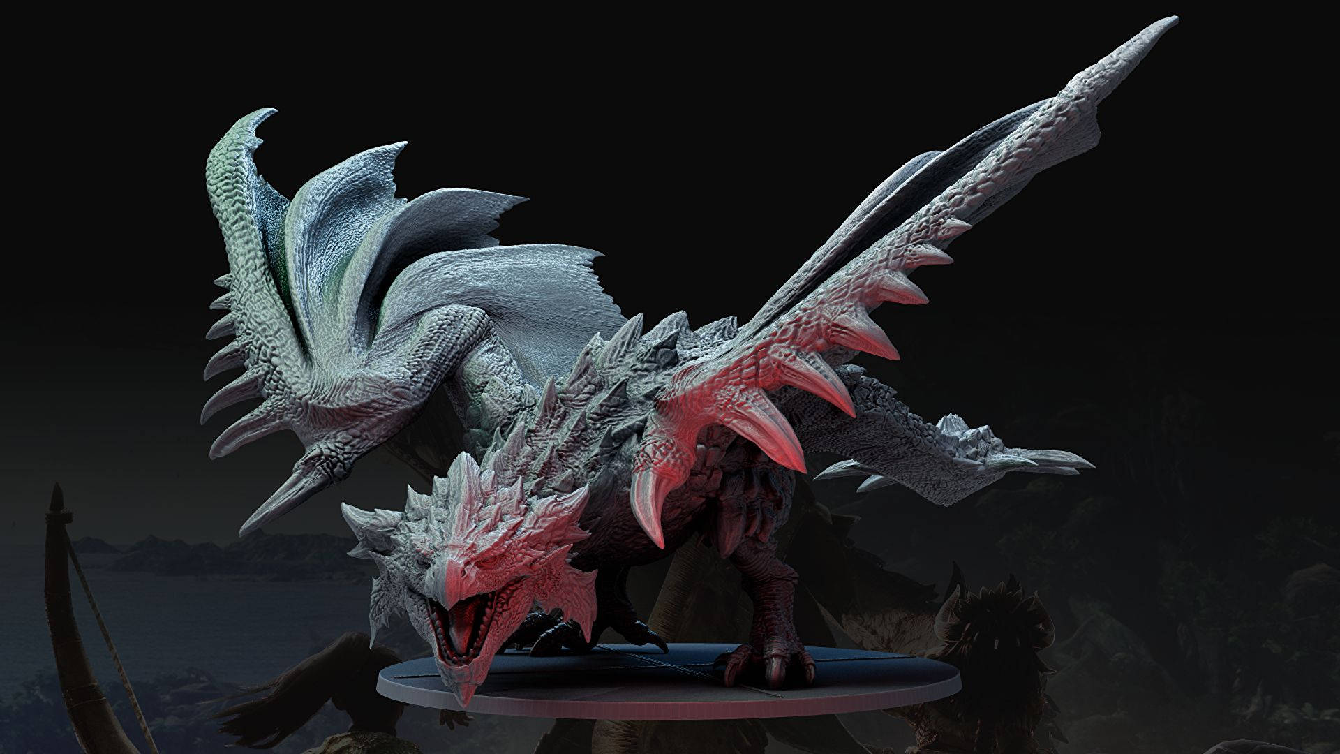 Monster Hunter 桌布 壁紙 — 一個帶有尖刺翅膀和張開下顎的白色和紅色鱗片龍雕像，立在圓形底座上，背景為深色。
