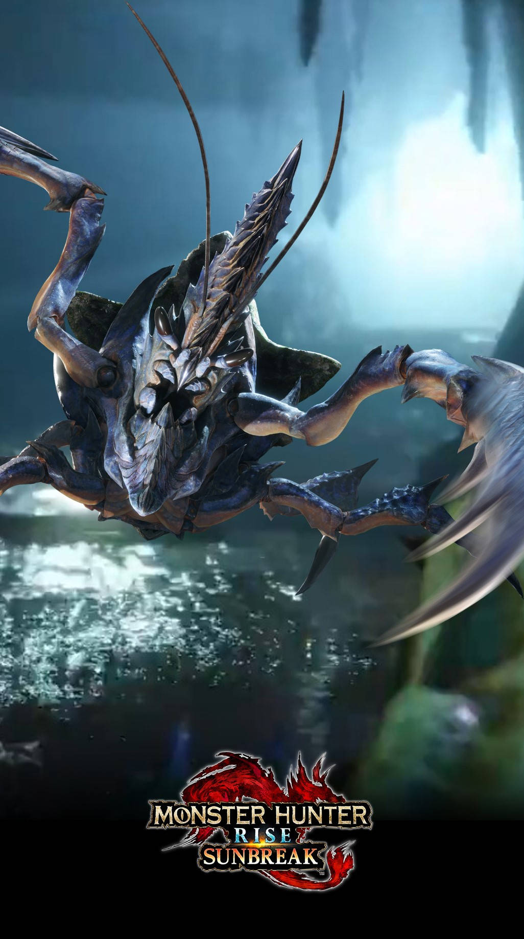 Monster Hunter Phone 桌布 壁紙 — 一個帶有尖刺肢體和發光眼睛的威脅性裝甲怪物，從昏暗霧氣天空下的渾濁水中浮現。