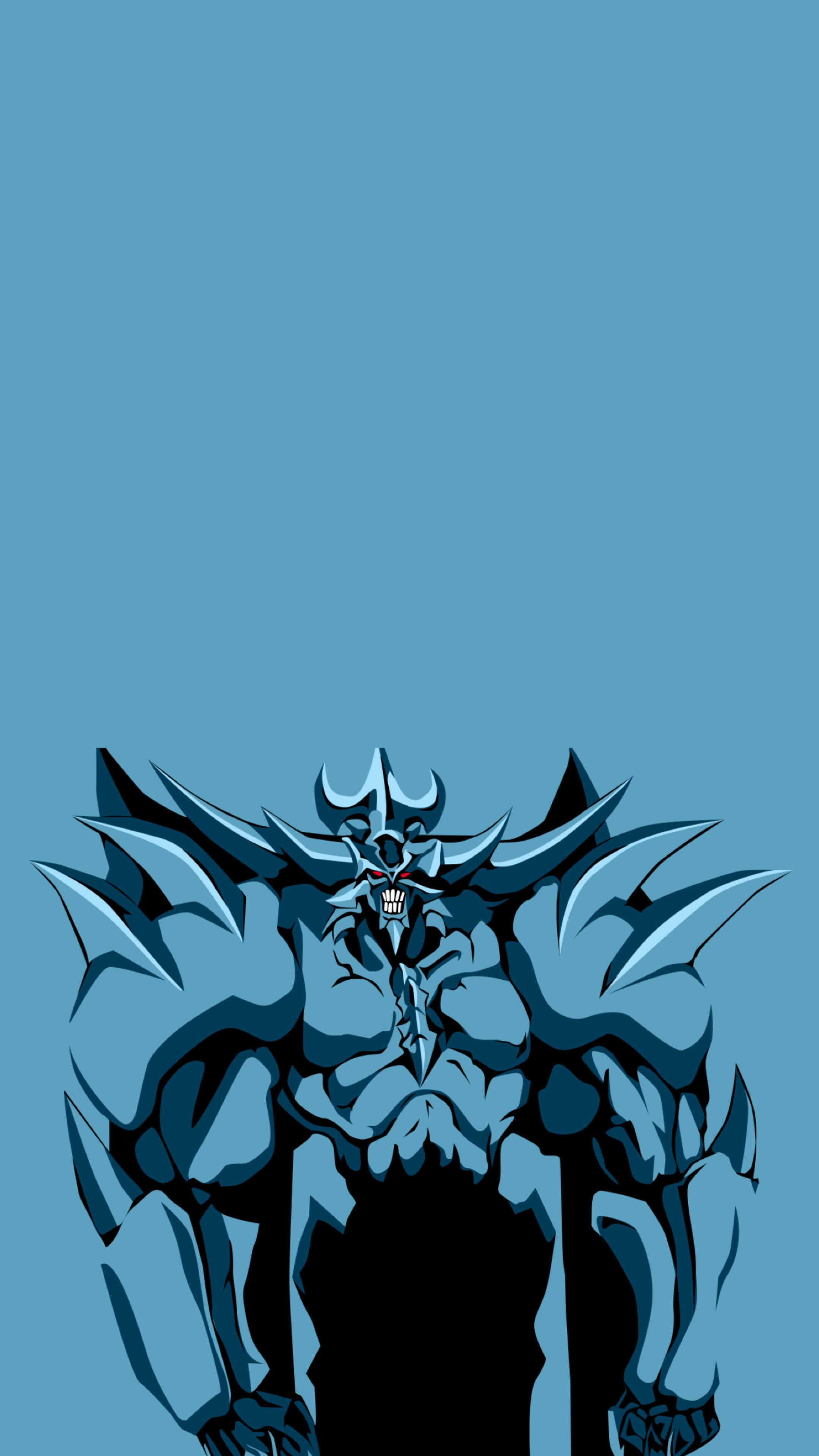 Obelisk The Tormentor 桌布 壁紙 — 一個帶有尖刺肩膀和角的威脅性藍色裝甲惡魔，在純青色背景上若隱若現。