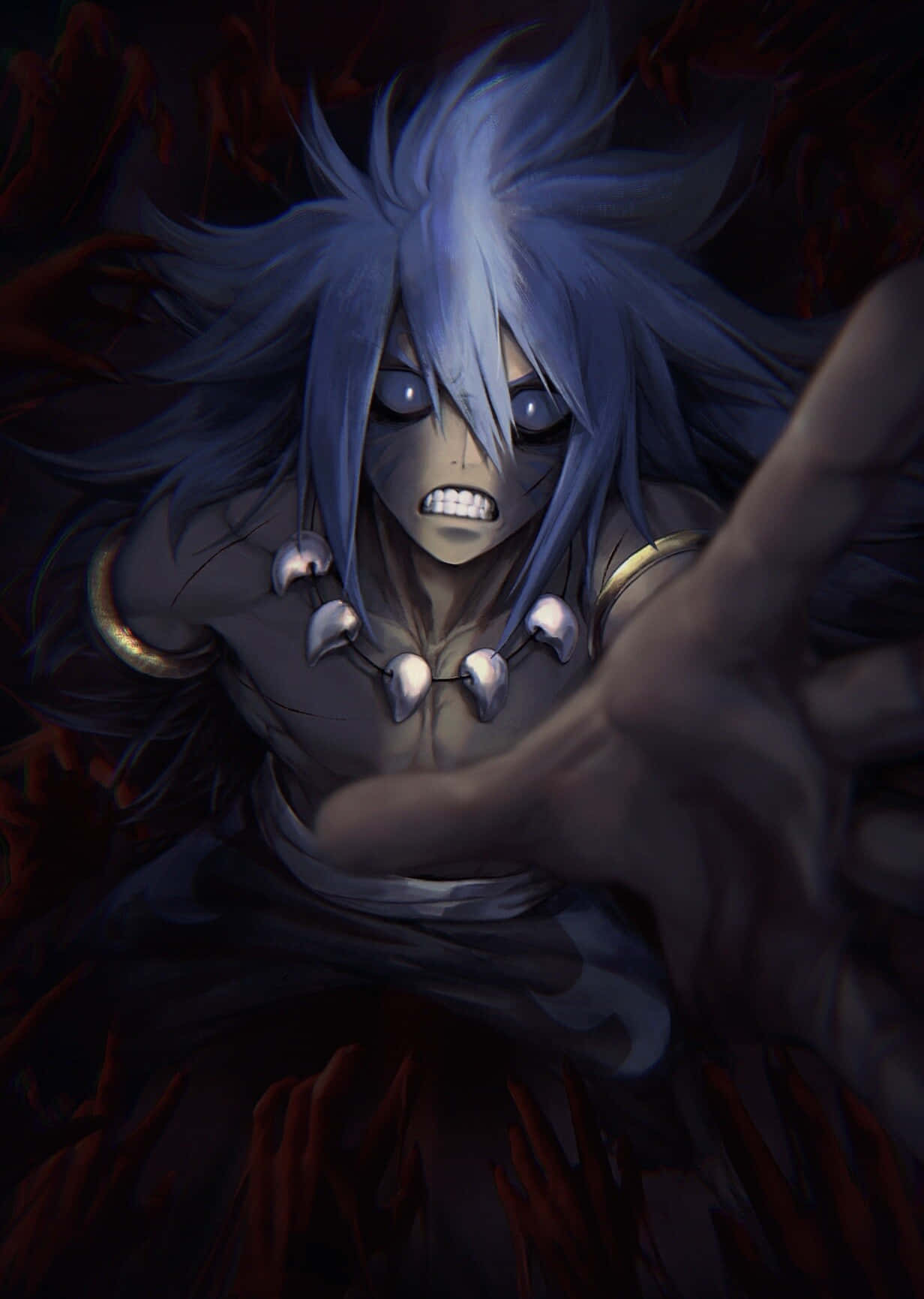 Acnologia 桌布 壁紙 — 一個帶有尖刺藍色頭髮和發光眼睛的威脅性動漫角色，帶著猙獰的表情向前猛衝。