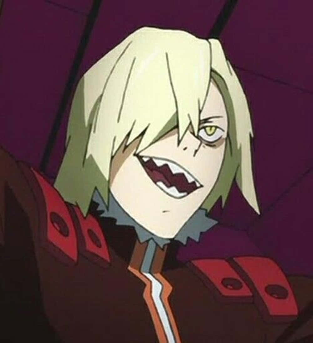 Gurren Lagann Viral 桌布 壁紙 — 一個帶有尖刺金髮和尖銳牙齒的威脅性動漫角色，在深紫色背景上兇狠地咧嘴笑。