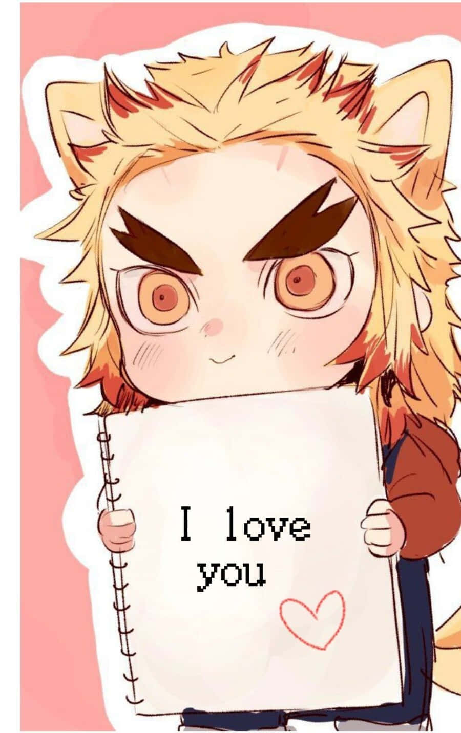Rengoku Chibi 桌布 壁紙 — 一個帶有尖刺金髮和貓耳的可愛動漫角色，舉著一個寫有「我愛你」和心形的牌子。