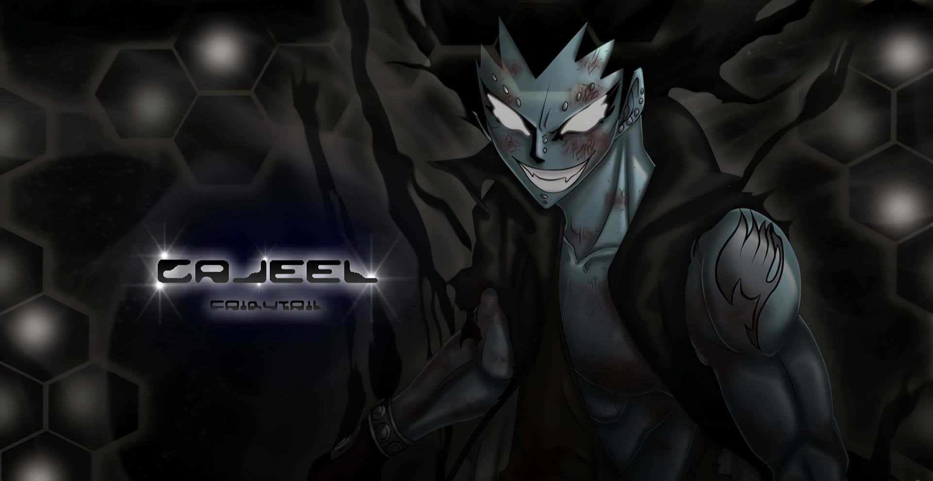 Gajeel Redfox 桌布 壁紙 — 一個帶有尖刺面具和發光眼睛的威脅性動漫角色從黑暗的六邊形陰影中出現。