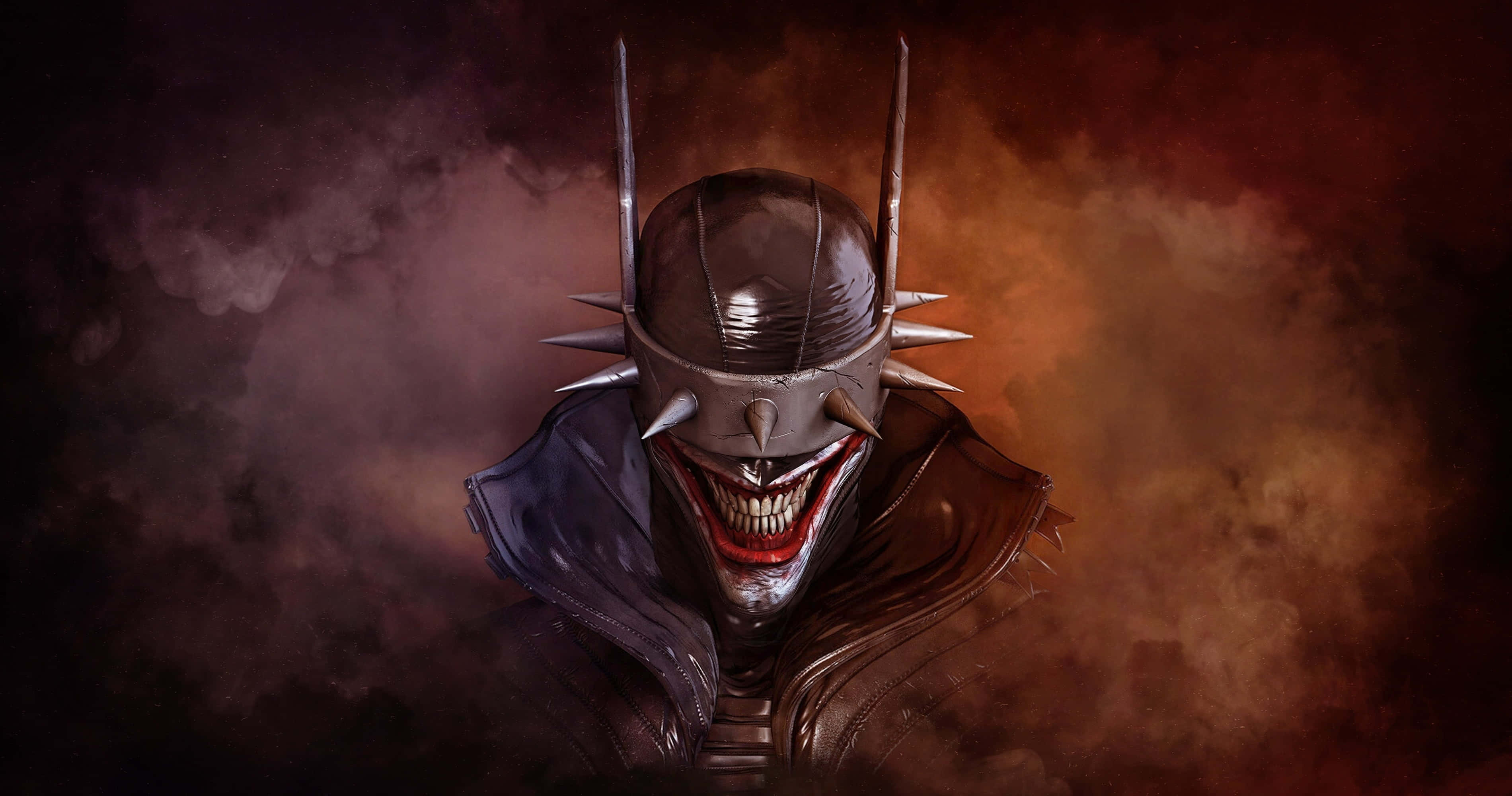 Evil Joker 桌布 壁紙 — 一個帶有尖刺頭盔和咧嘴大笑的威脅性裝甲人物，站在煙霧繚繞的火熱背景前。