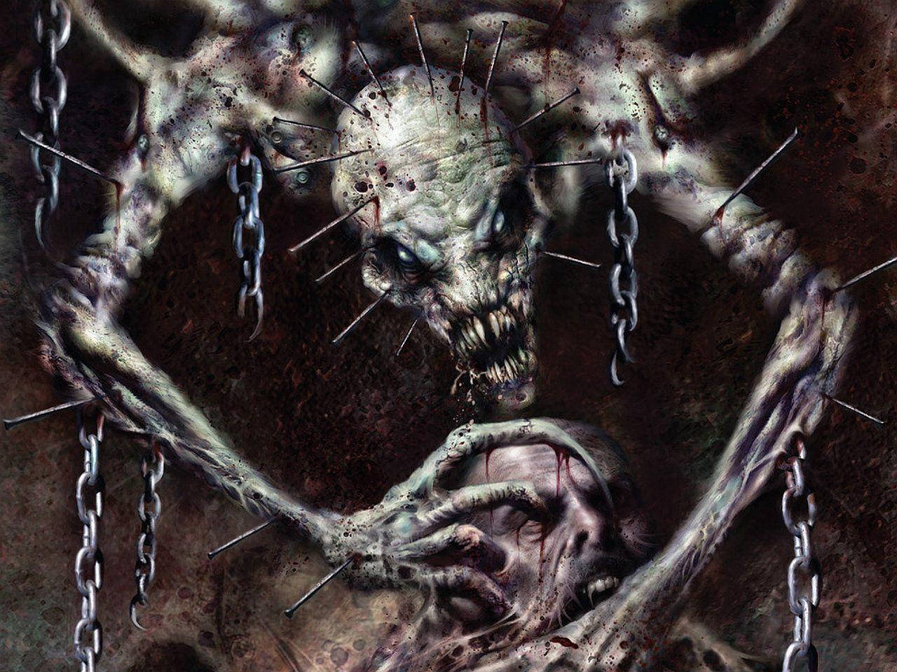 Pinhead 桌布 壁紙 — 一個帶有尖刺頭骨和鎖鏈的怪誕恐怖生物，在一個被壓碎的頭骨周圍形成心形。