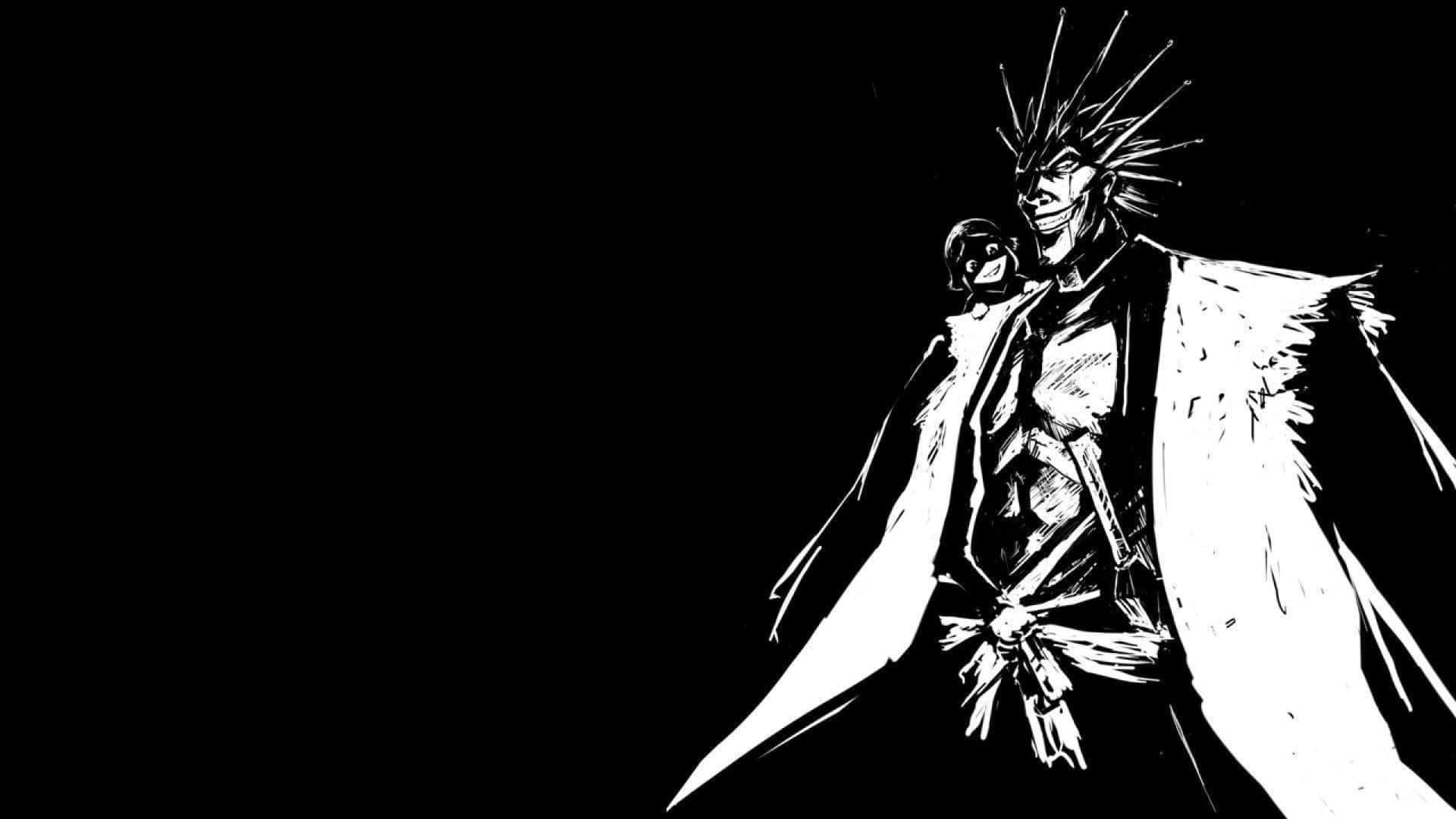 Kenpachi Zaraki 桌布 壁紙 — 一個帶有尖刺頭髮和咧嘴笑的威脅性動漫角色，在黑暗背景下以鮮明的黑白呈現。