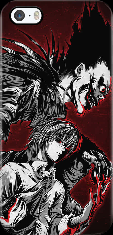 Death Note Ryuk 桌布 壁紙 — 一個帶有尖刺頭髮和紅色眼睛的威脅性動漫角色，在血紅色背景上俯視著一個蒼白的人物。