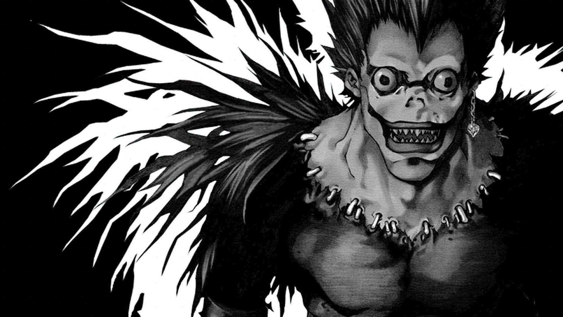 Ryuk 桌布 壁紙 — 一個帶有尖刺頭髮和鋒利牙齒的威脅性動漫角色，在純黑背景下強烈凝視。