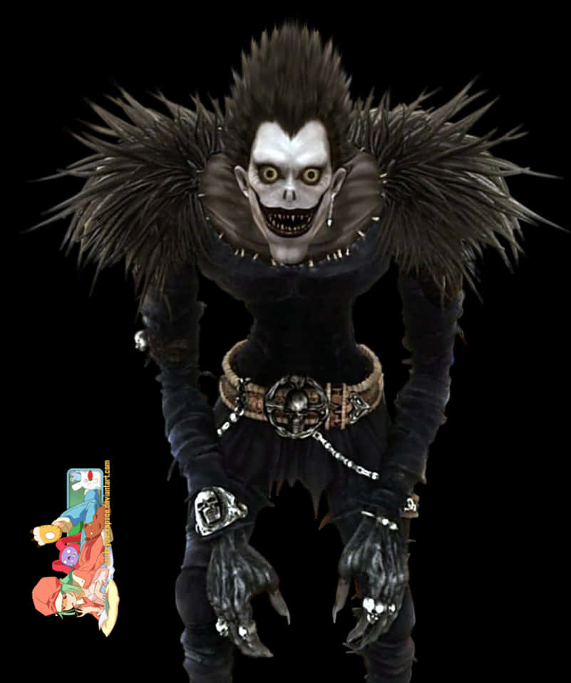Death Note Ryuk 桌布 壁紙 — 一個帶有尖刺黑髮和咧嘴笑的可怖動漫角色站在黑色背景前。