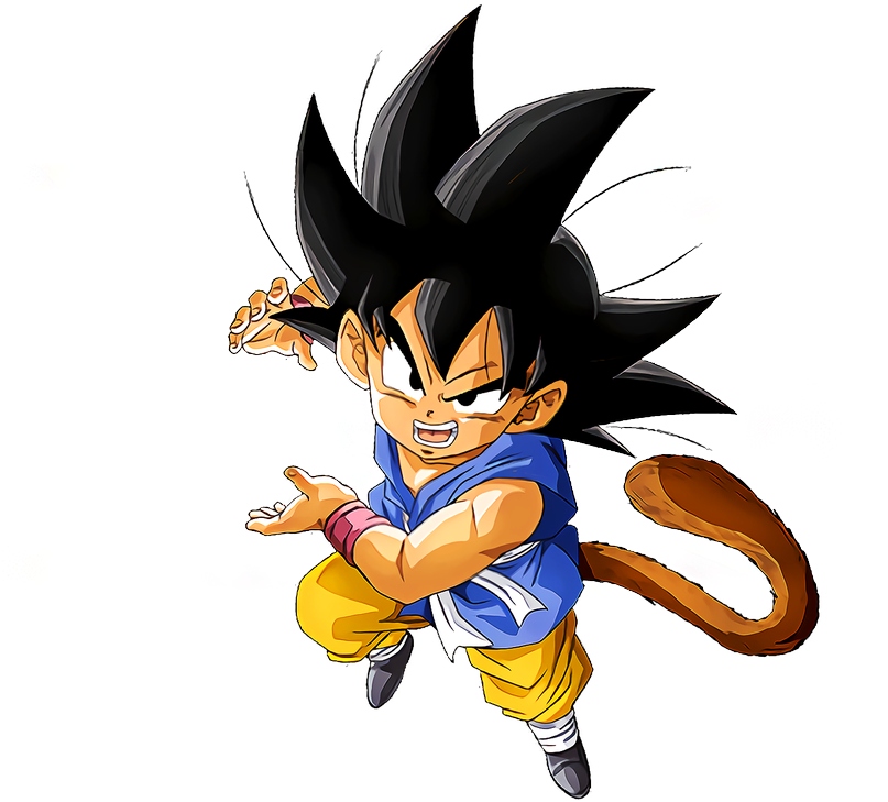 kid goku 桌布 壁紙 — 一個帶有尖刺黑髮和尾巴的Q版動漫角色，在黑色背景上伴隨著色彩繽紛的能量爆發向前出拳。