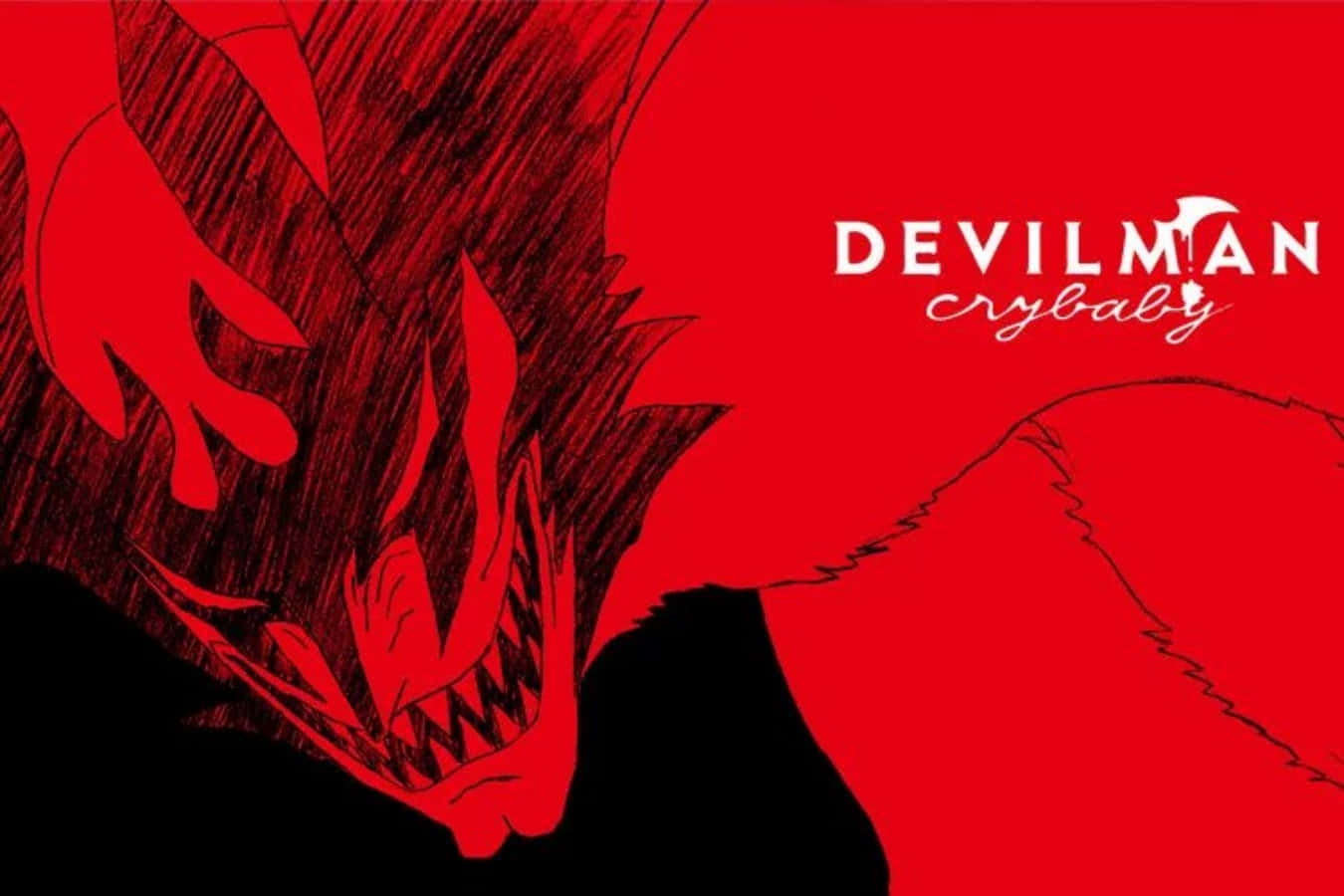 惡魔人 Crybaby 桌布 壁紙 — 一個帶有尖牙利爪的兇猛紅色惡魔從黑暗中出現，背景為純紅色，帶有白色「DEVILMAN crybaby」文字。