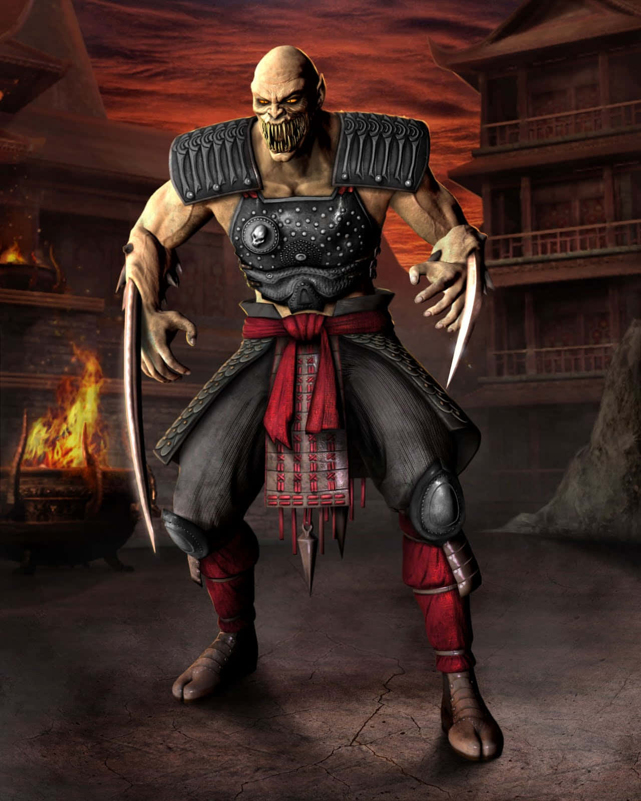 Mortal Kombat Baraka 桌布 壁紙 — 一個帶有尖牙和利爪的可怕光頭戰士，在日落時分站在傳統建築前的火熱庭院中。
