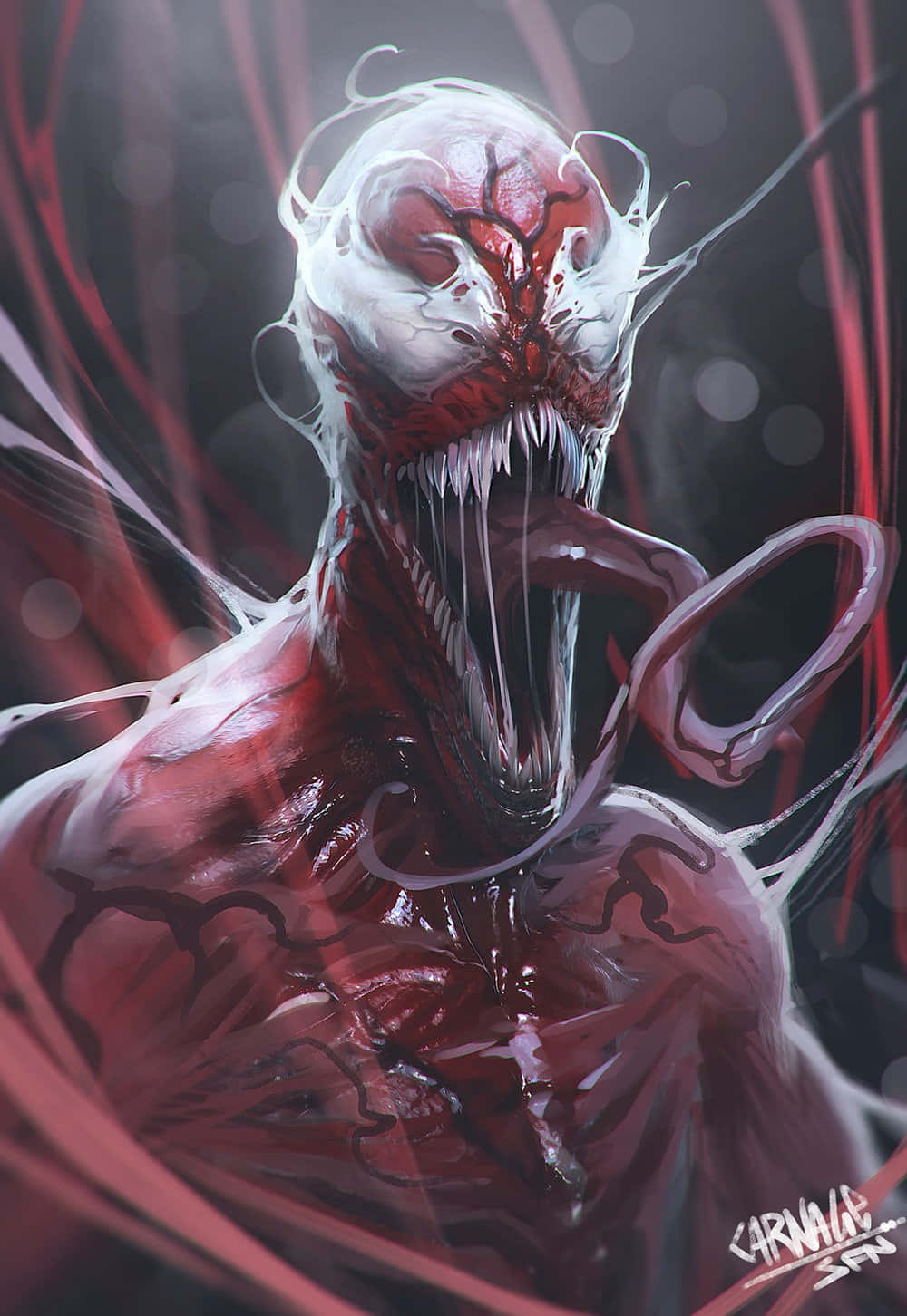 Spider Carnage 桌布 壁紙 — 一個帶有尖牙和流動觸手的威脅性紅白共生生物在黑暗背景下咆哮。