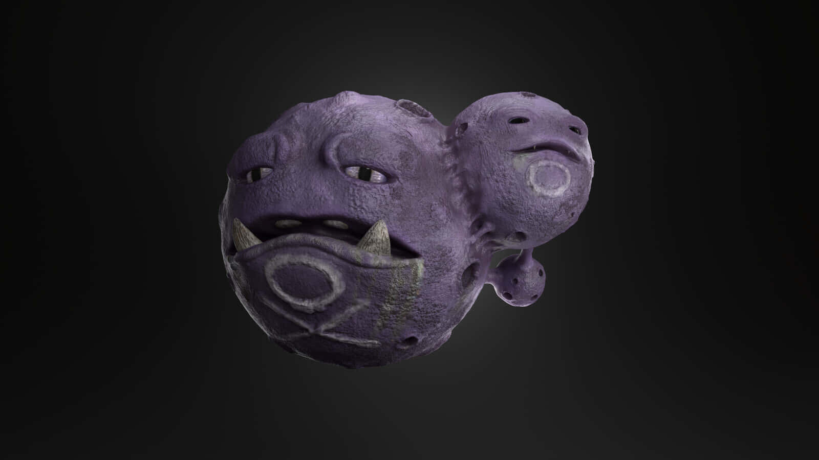 3D 桌布 壁紙 — 一個帶有尖牙和發光眼睛的威脅性紫色三頭怪物，漂浮在深色漸變背景上。