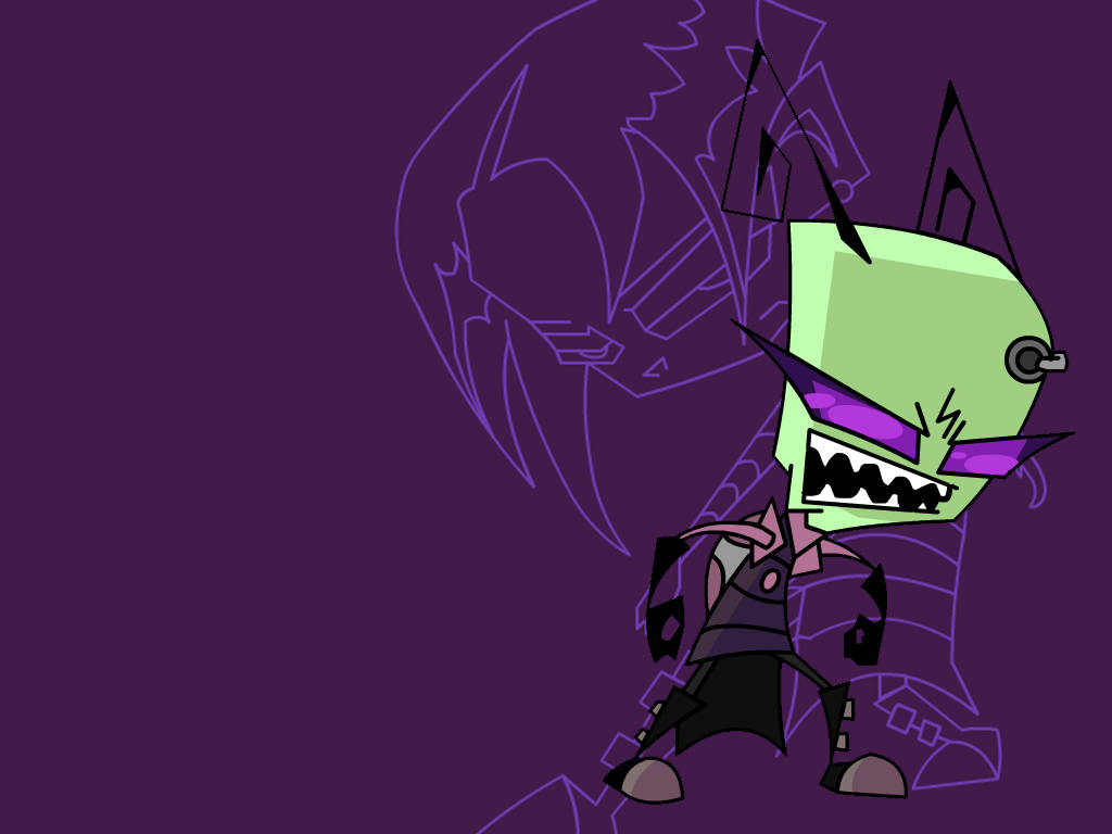 Invader Zim 桌布 壁紙 — 一個帶有尖牙和紫色眼睛的威脅性綠色卡通外星人站在深紫色背景前，背後有一個較大人物的模糊輪廓。