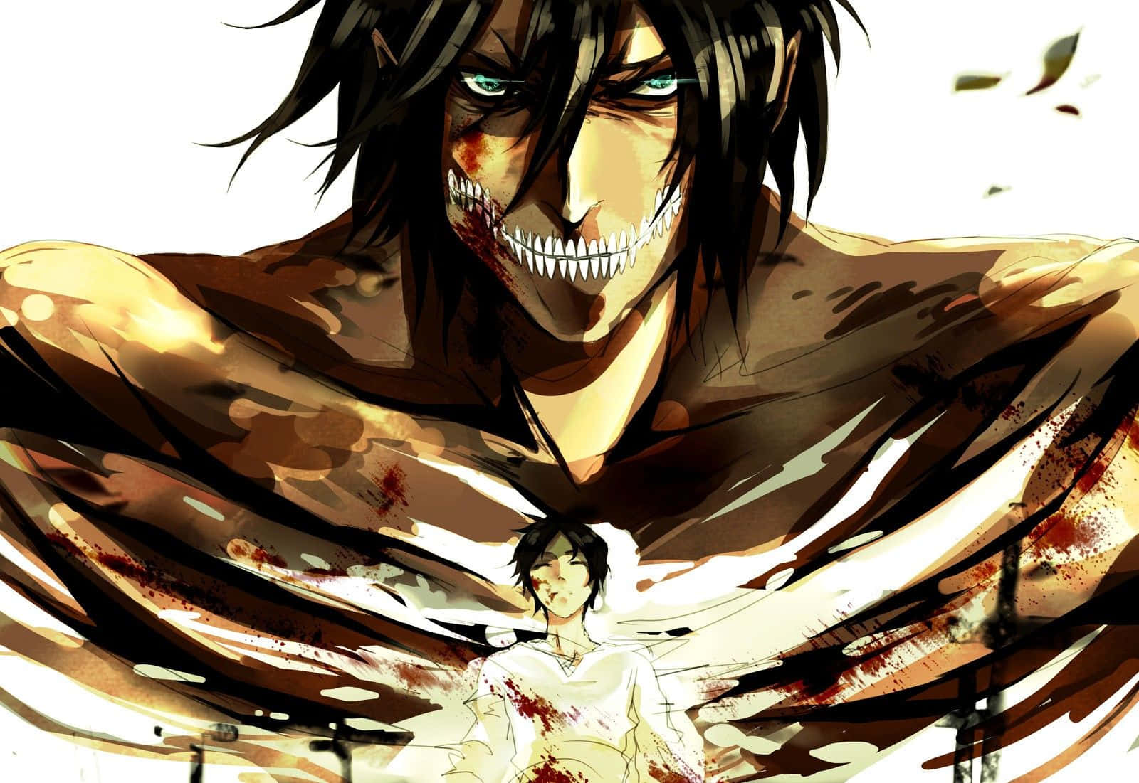 Attack On Titan Laptop 桌布 壁紙 — 一個帶有尖牙和血跡斑斑臉孔的威脅性動漫巨人，籠罩著一個穿著白襯衫的小人物。