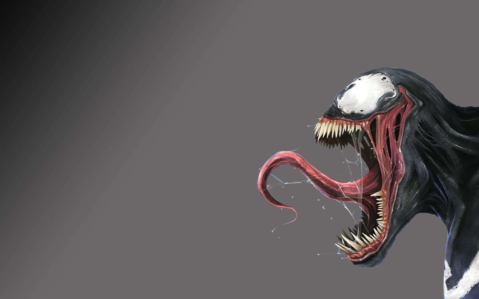 Venom Comic Book 桌布 壁紙 — 一個帶有尖牙和長舌頭的威脅性猛毒生物，在深灰色漸變背景前咆哮。