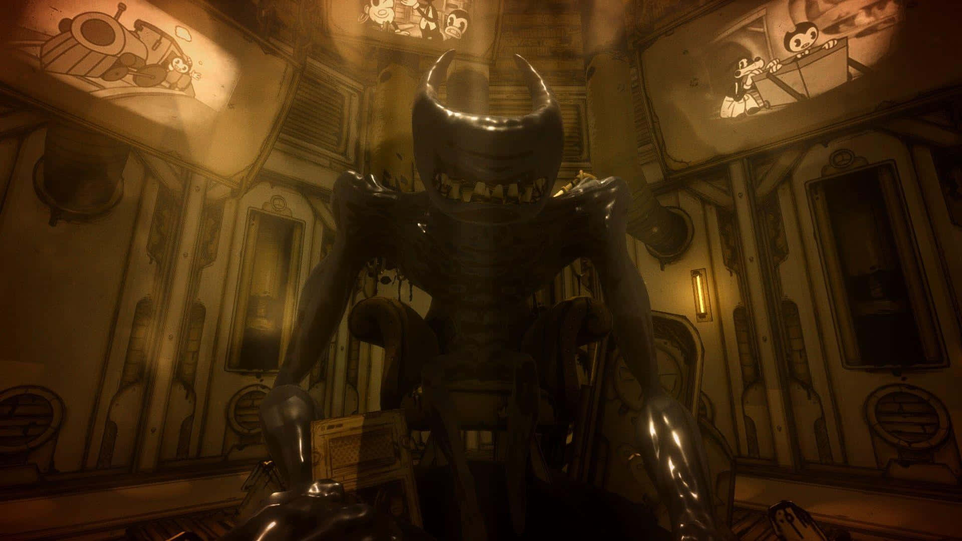 Bendy 桌布 壁紙 — 一個帶有尖牙的威脅性有角生物，在一個光線昏暗、卡通風格裝飾的房間中若隱若現，房間內有復古壁紙和發光面板。
