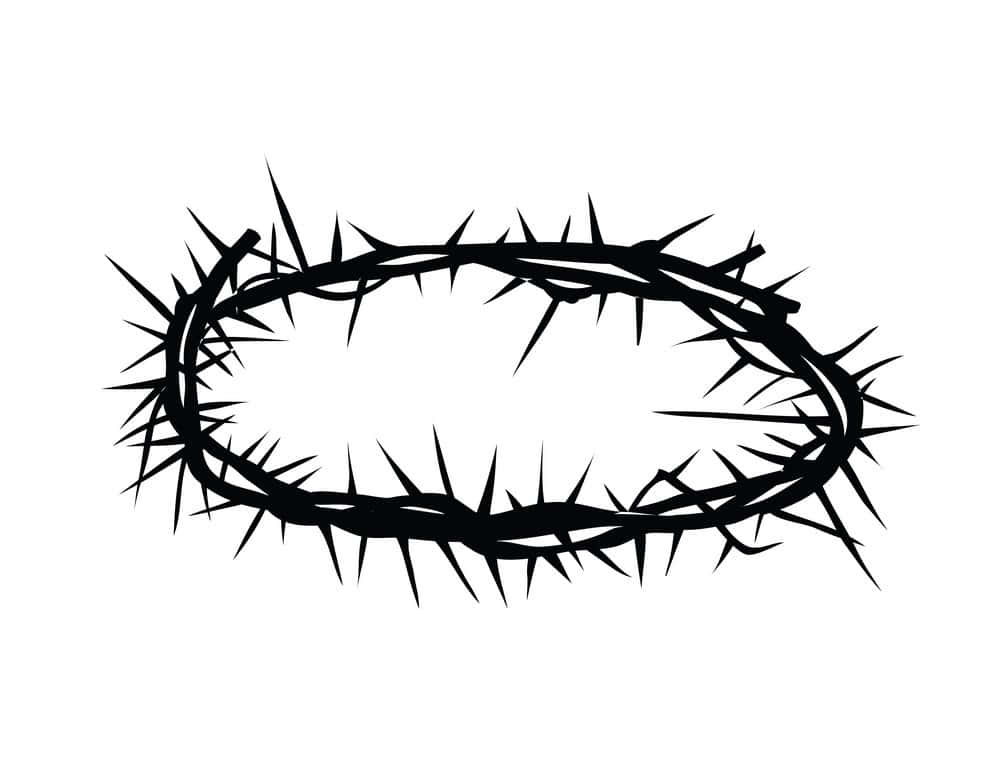 Jesus Crown Of Thorns 桌布 壁紙 — 一個帶有尖銳刺的荊棘冠冕的鮮明黑色剪影，襯在純白色背景上。