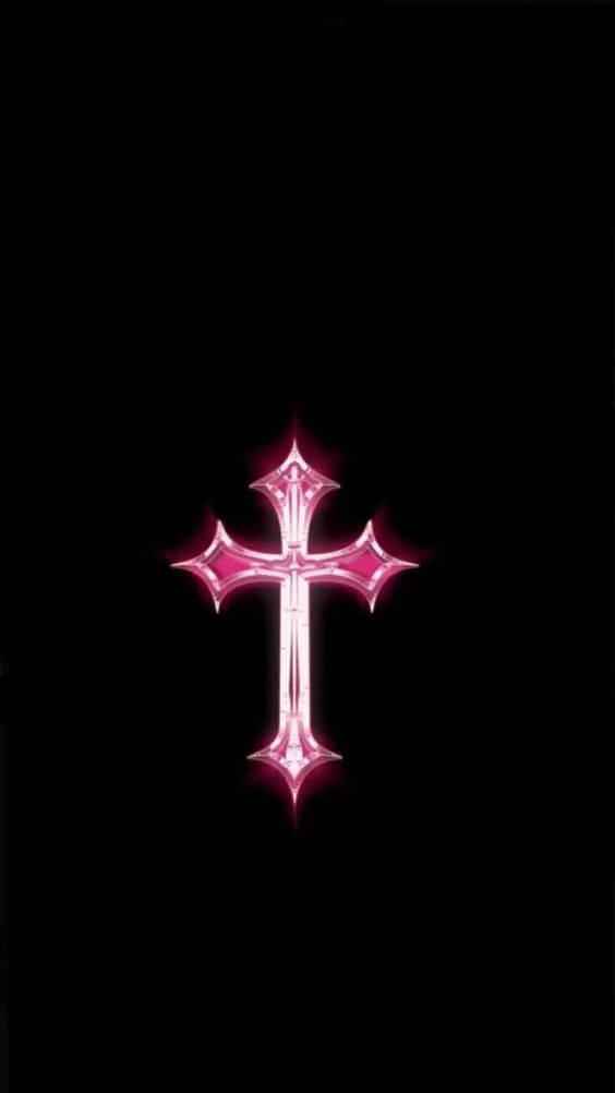 Beautiful Cross 桌布 壁紙 — 一個帶有尖銳尖端的發光粉紅色十字架漂浮在純黑色背景上。