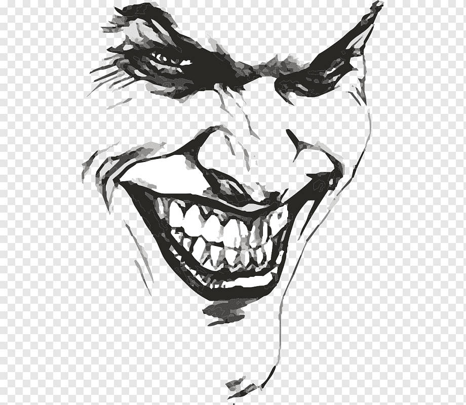 Black And White Joker 桌布 壁紙 — 一個帶有尖銳牙齒和強烈眼神、咧嘴大笑的可怕黑白插圖。