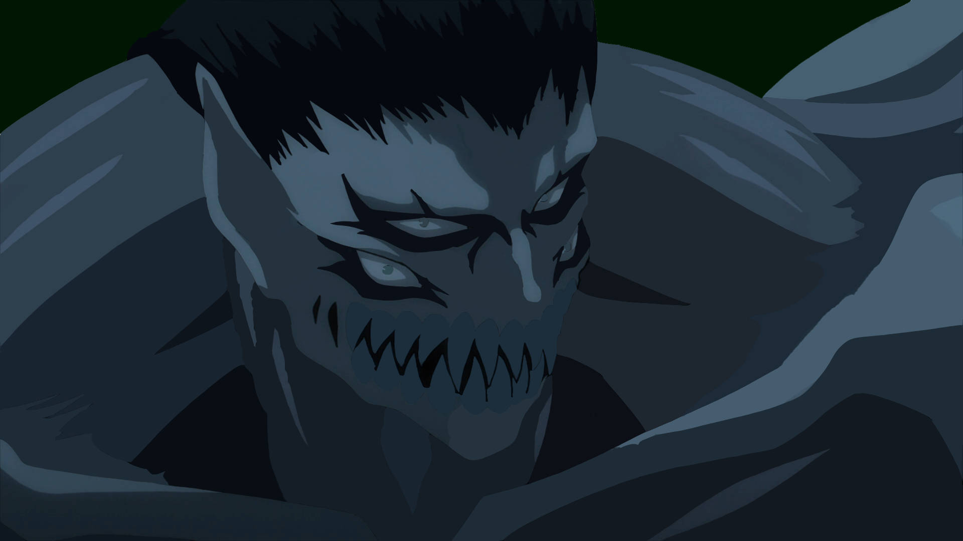Parasyte 桌布 壁紙 — 一個帶有尖銳牙齒和發光眼睛的威脅性動漫怪物，在深藍色陰影場景中強烈凝視。