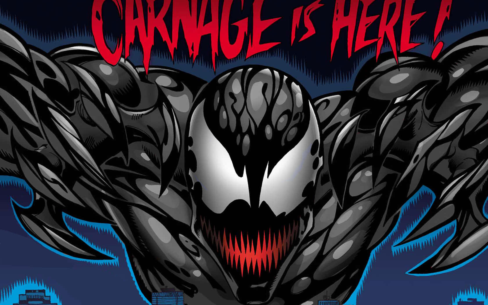 Carnage 桌布 壁紙 — 一個帶有尖銳牙齒和發光紅眼的威脅性屠殺，在深藍色城市景觀中若隱若現，並以粗體紅色文字宣告他的到來。
