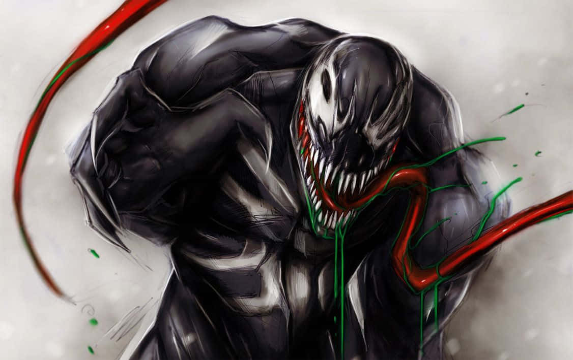 Scary Venom 桌布 壁紙 — 一個帶有尖銳牙齒和紅綠色觸手的威脅性猛毒，在純白背景上向前猛撲。