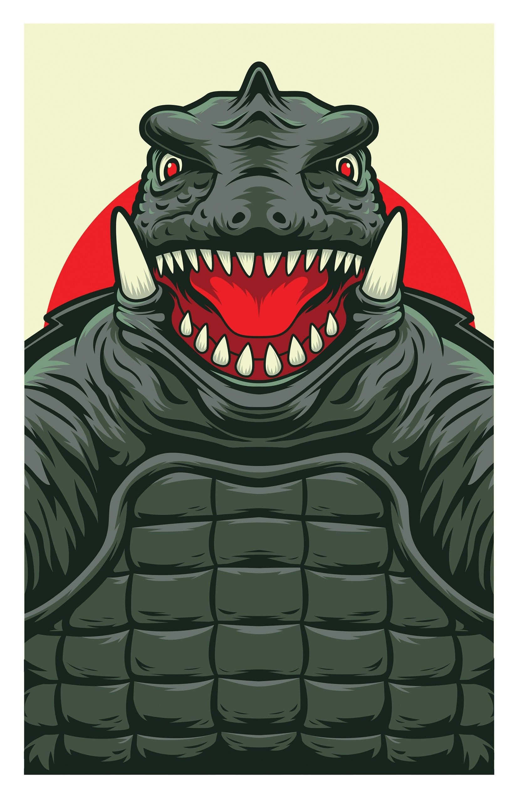 Gamera 桌布 壁紙 — 一個帶有尖銳牙齒和紅色眼睛的兇猛綠色怪物，在紅色圓形背景前咆哮。