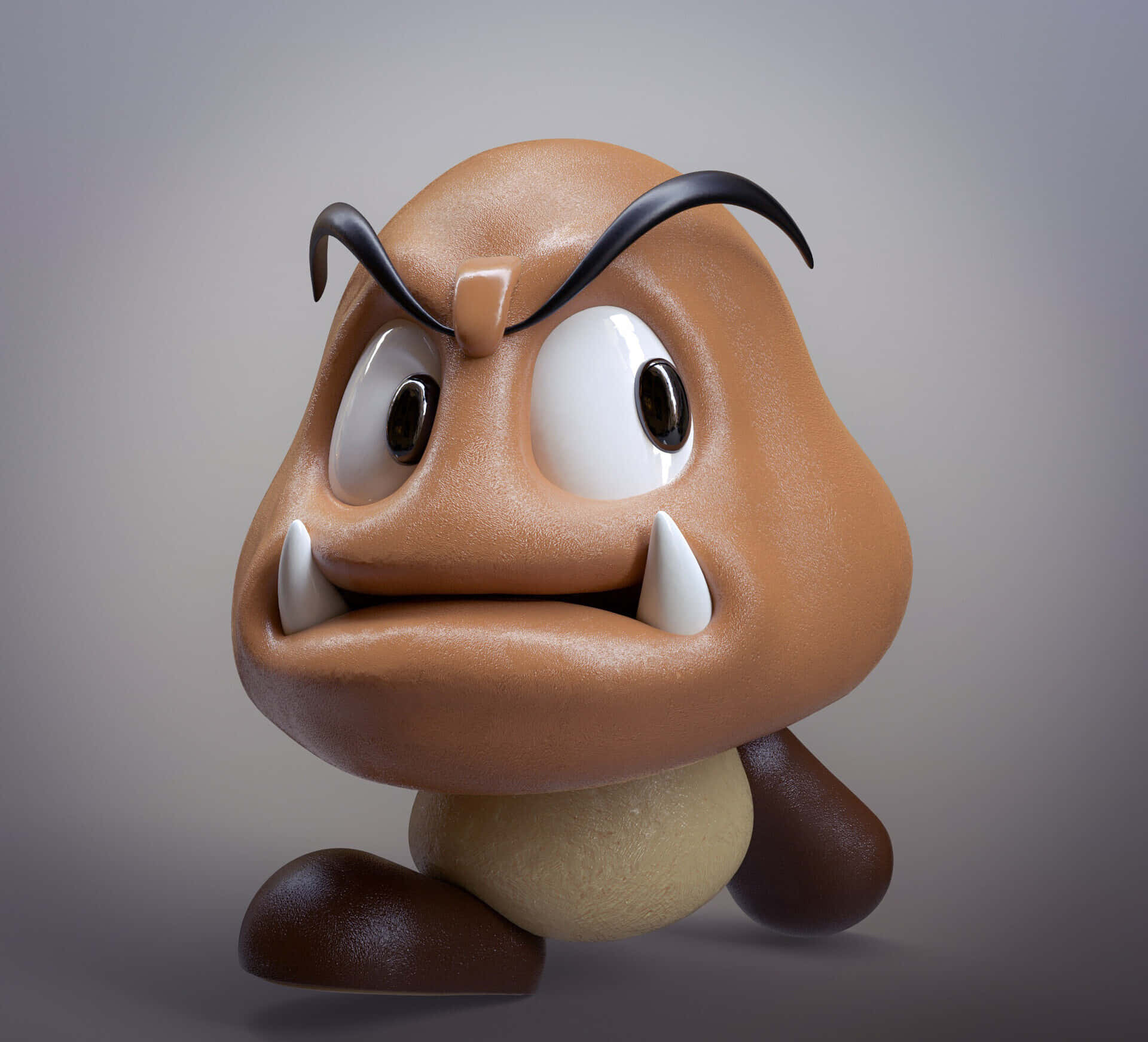 Goomba 桌布 壁紙 — 一個帶有尖銳眉毛、獠牙和暴躁表情的威脅性 3D 渲染栗子小子，背景為灰色。