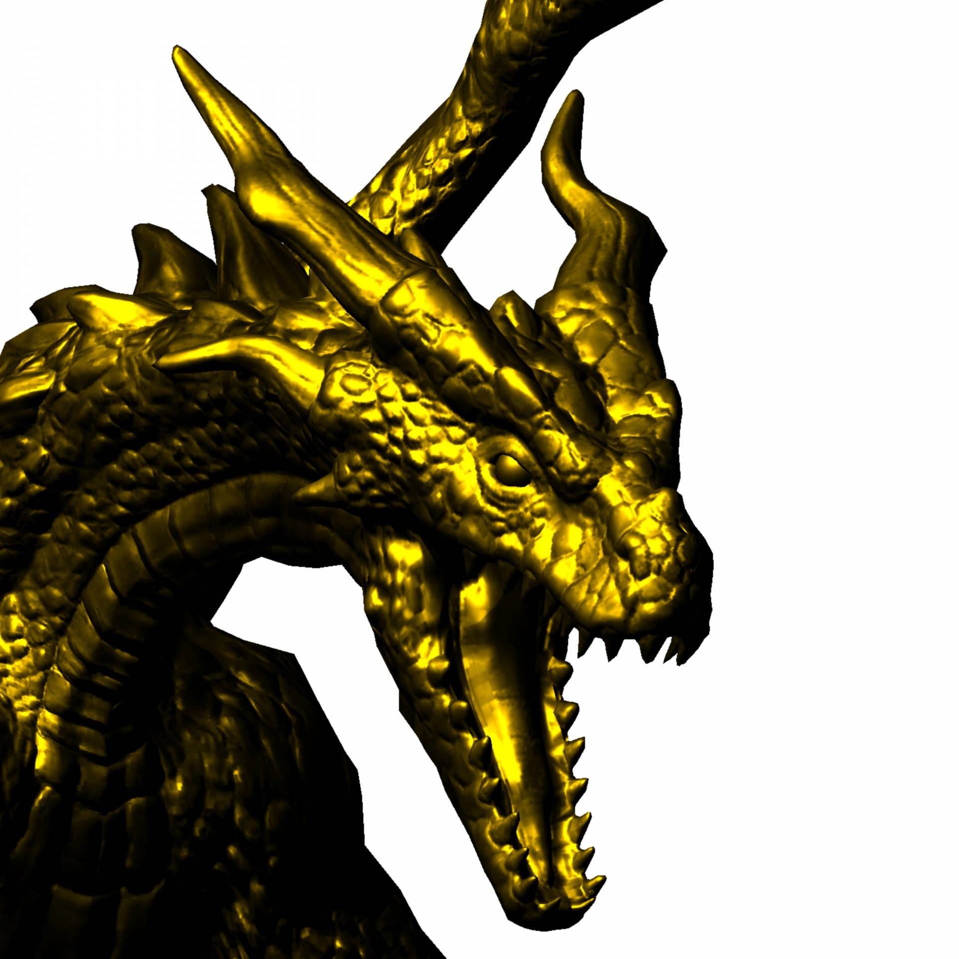 Gold Dragon 桌布 壁紙 — 一個帶有尖銳角和張開下顎的威嚇金色龍頭，在純白背景上直視前方。