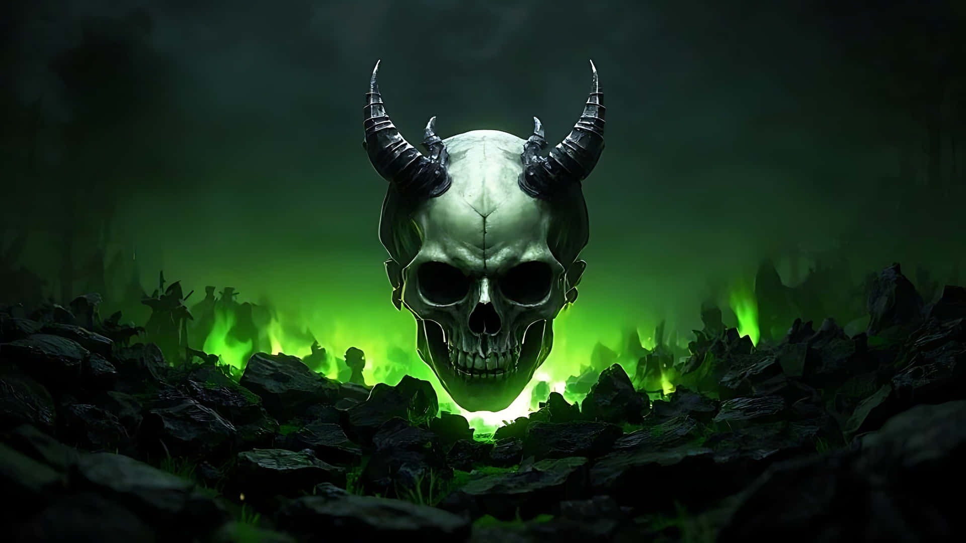 Skull with Devil Horns and Burning Shadows. ghost wallpaper 壁紙 — 一個帶有尖銳角的惡魔頭骨從黑暗的岩石中浮現，背後閃爍著詭異的綠色火焰。