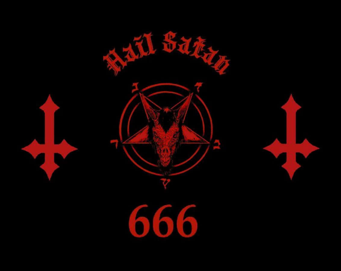 撒旦符號，包含山羊頭骨、倒置十字架，以及紅色文字 Hail Satan 和 666，置於黑色背景上。 — 撒旦 GIF 壁紙