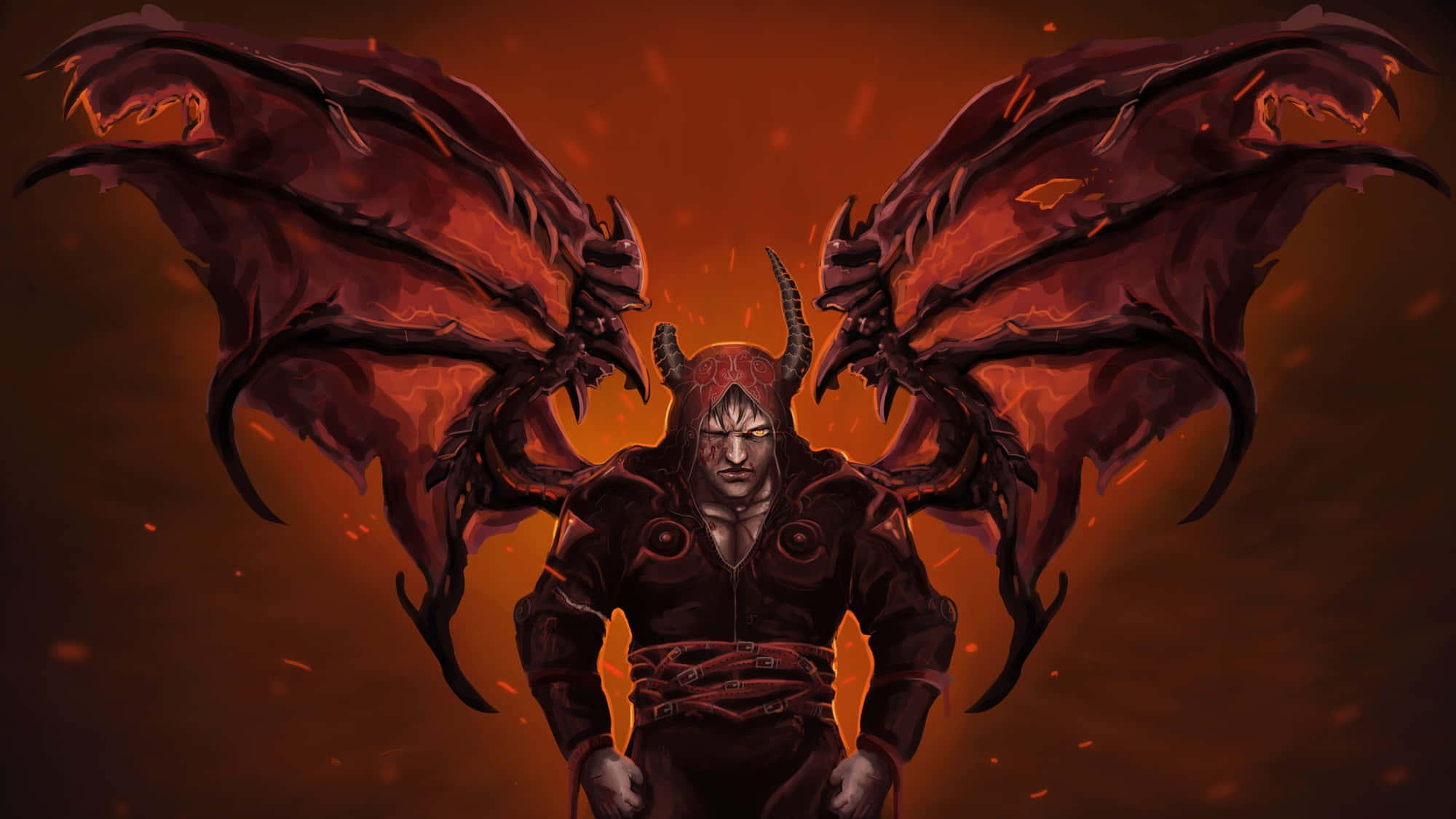 Demon Fighting 桌布 壁紙 — 一個帶有巨大蝙蝠翅膀的威脅性有角惡魔，站在火橙色背景前，發光的餘燼在周圍旋轉。