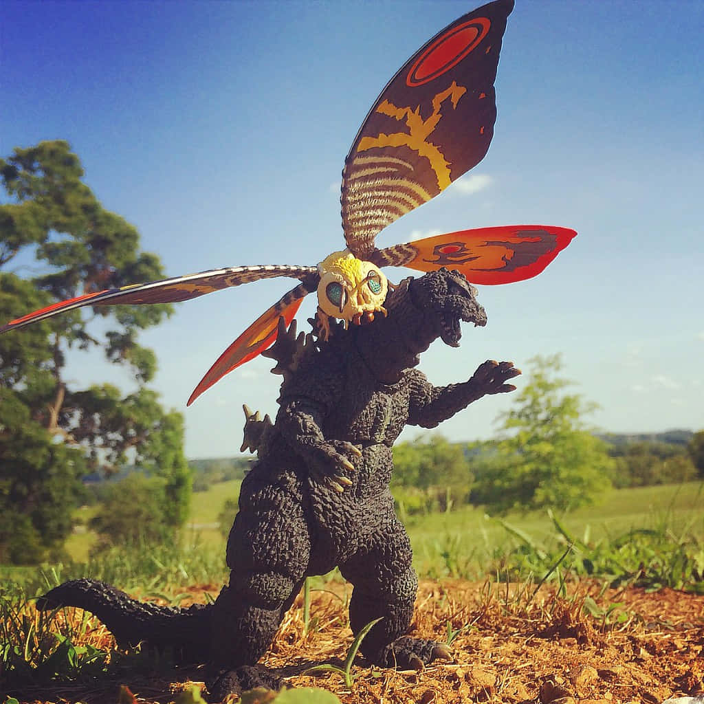 Godzilla Vs Mothra 桌布 壁紙 — 一個帶有巨大飛蛾頭飾的哥吉拉動作人偶，站在晴朗藍天下的草地上。