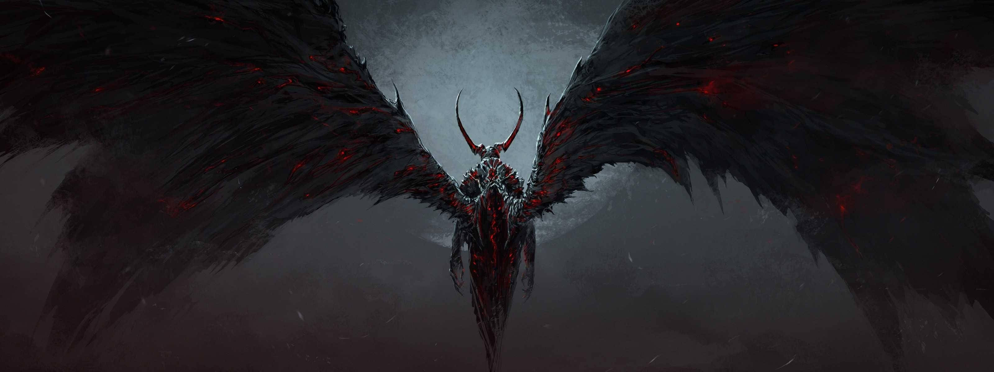 Devil Horns 桌布 壁紙 — 一個帶有巨大黑色翅膀、翅膀上佈滿發光紅色血管的威脅性惡魔形象，在暴風雨的灰色天空中翱翔。