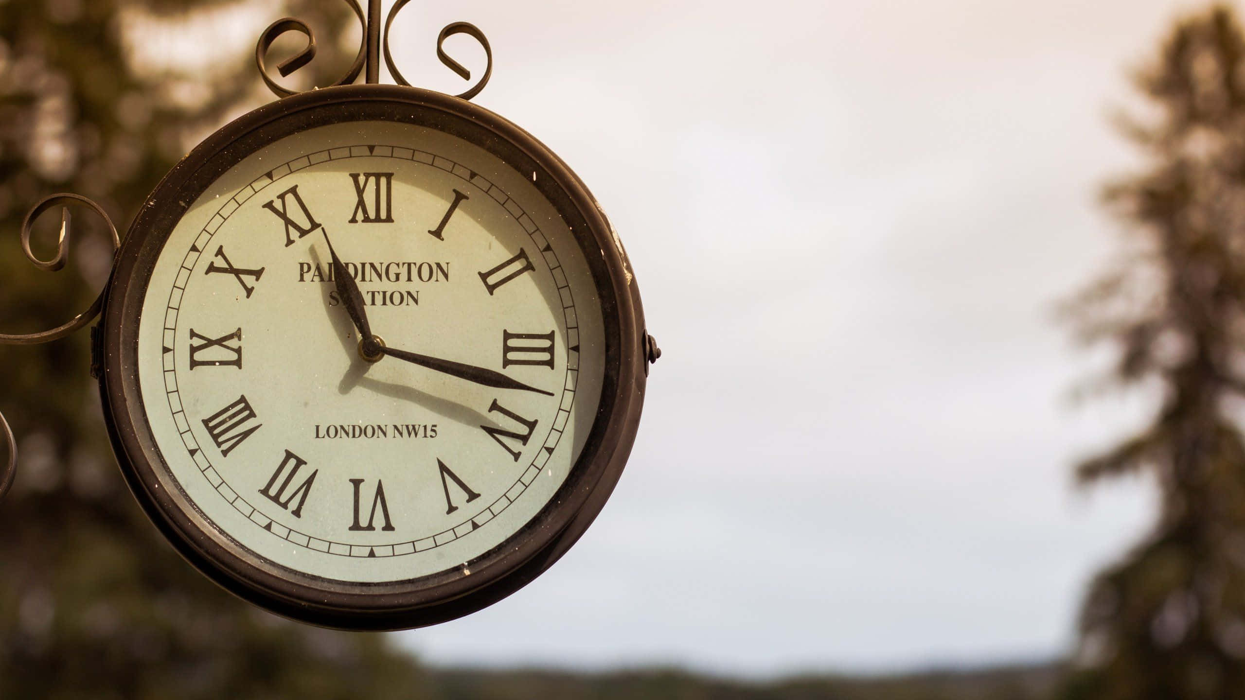 Clock 桌布 壁紙 — 一個帶有帕丁頓車站字樣的復古華麗時鐘，懸掛在樹木和天空的柔和模糊背景前。