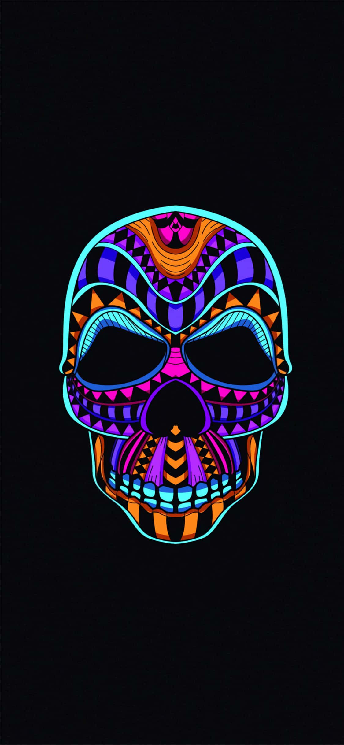 Awesome Skull 桌布 壁紙 — 一個帶有幾何圖案的鮮豔霓虹骷髏在黑色背景上發光。