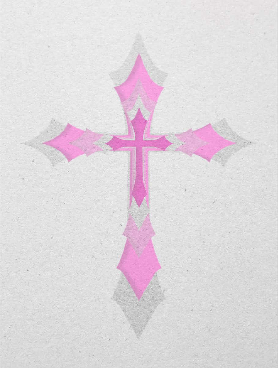 Pink Cross 桌布 壁紙 — 一個帶有幾何尖刺的風格化粉紅色十字架，置於有紋理的淺灰色紙張背景上。