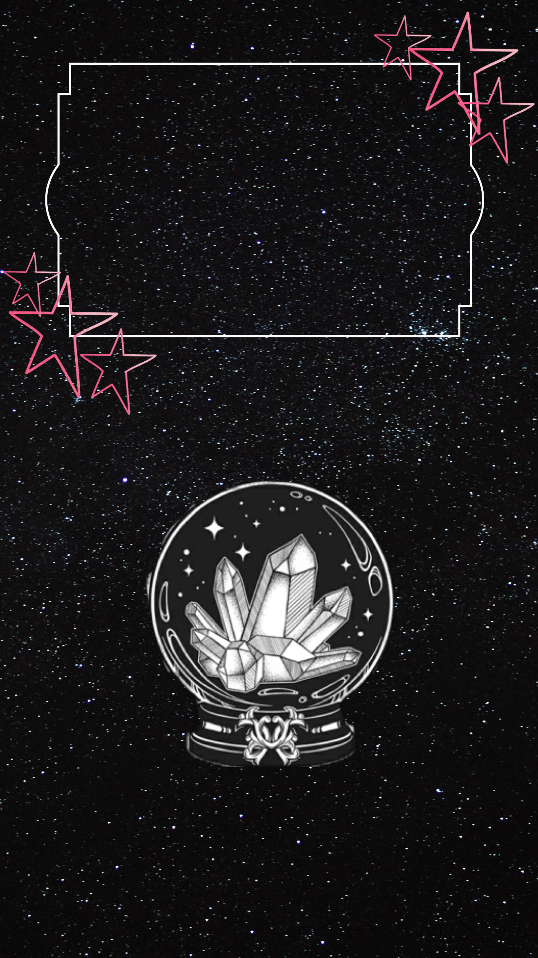 靈性動圖 桌布 壁紙 — 一個帶有幾何水晶的水晶球放置在星空夜晚背景上，並以粉紅色輪廓星星框住。