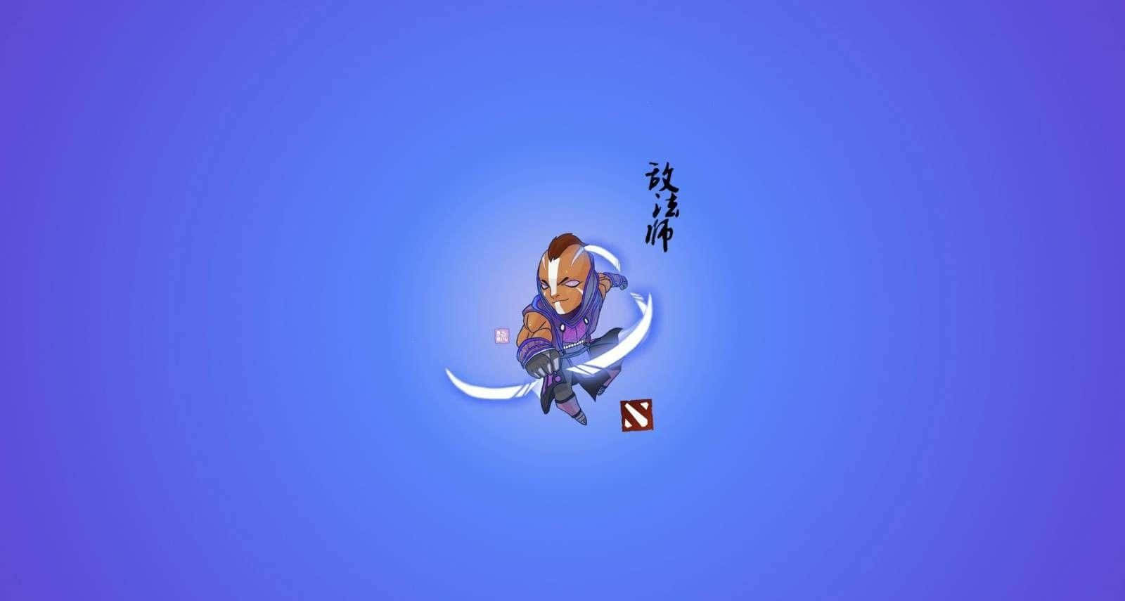 Anti-mage 桌布 壁紙 — 一個帶有彎曲刀片的Q版Dota 2英雄在帶有中文字元和標誌的漸變藍色背景上旋轉。