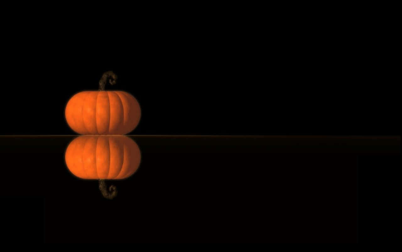 Halloween Laptop 桌布 壁紙 — 一個帶有彎曲莖的橙色南瓜，放置在黑色背景前的反光表面上，完美地倒映在下方。