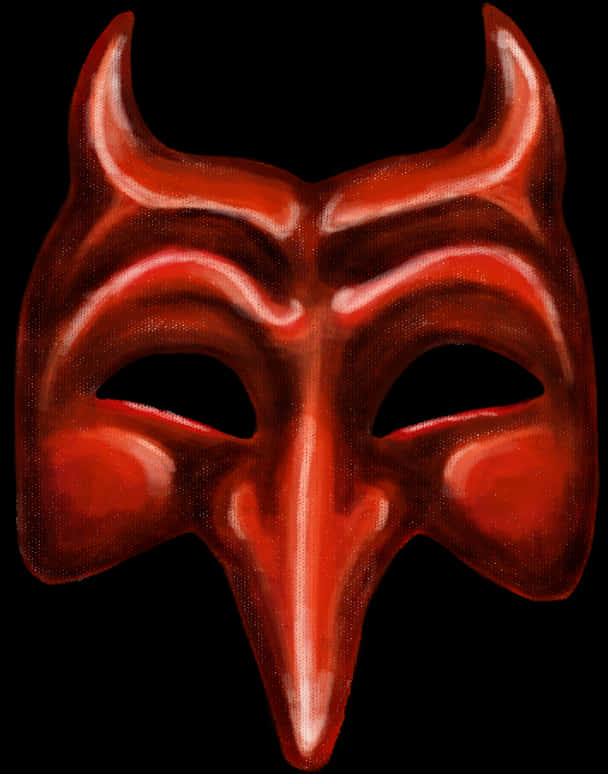 Devil Horn 桌布 壁紙 — 一個帶有彎曲角和尖下巴的光澤紅色魔鬼面具在黑色背景上發光。
