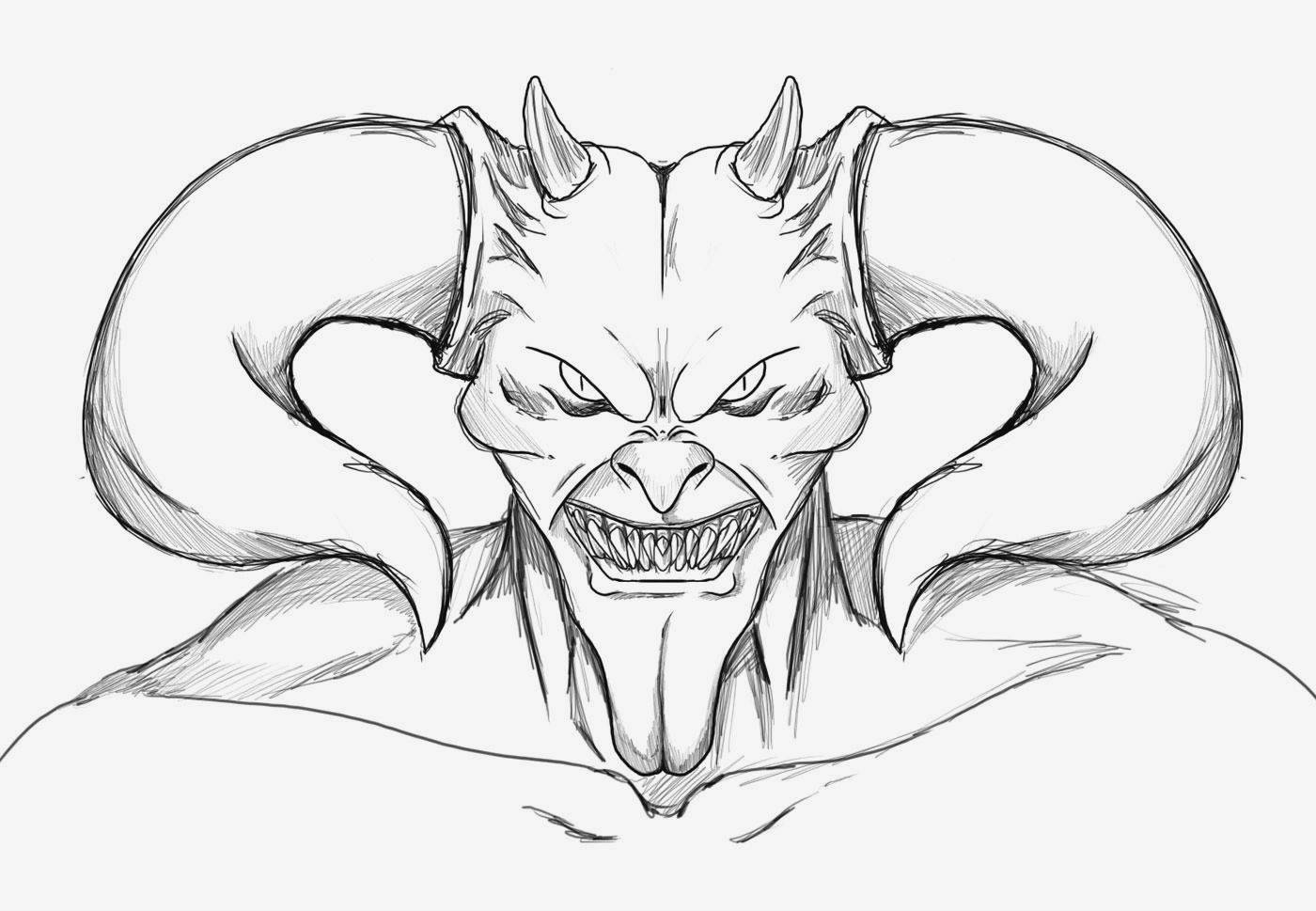 酷炫惡魔 桌布 壁紙 — 一個帶有彎曲角和尖銳牙齒的威脅性惡魔生物，在詳細的黑白素描中強烈凝視。