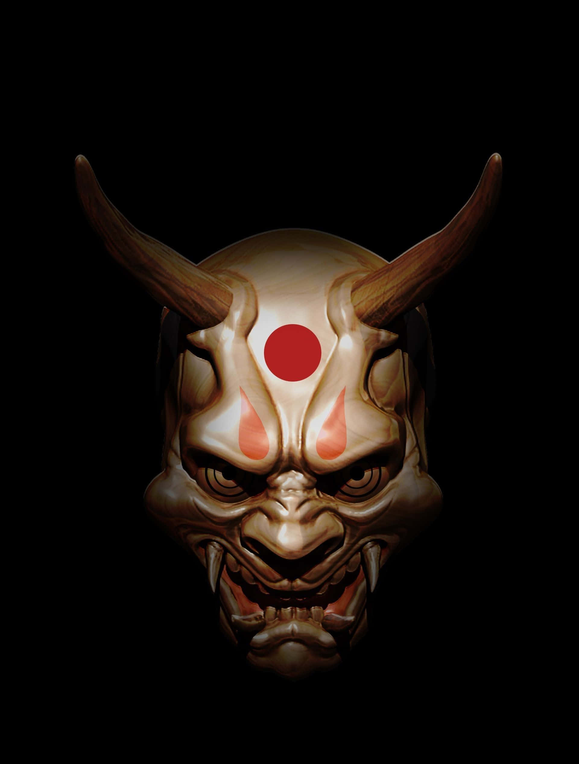 Yokai 桌布 壁紙 — 一個帶有彎曲角和紅色圓形標記的威嚇性木製日本鬼面具在黑色背景上發光。