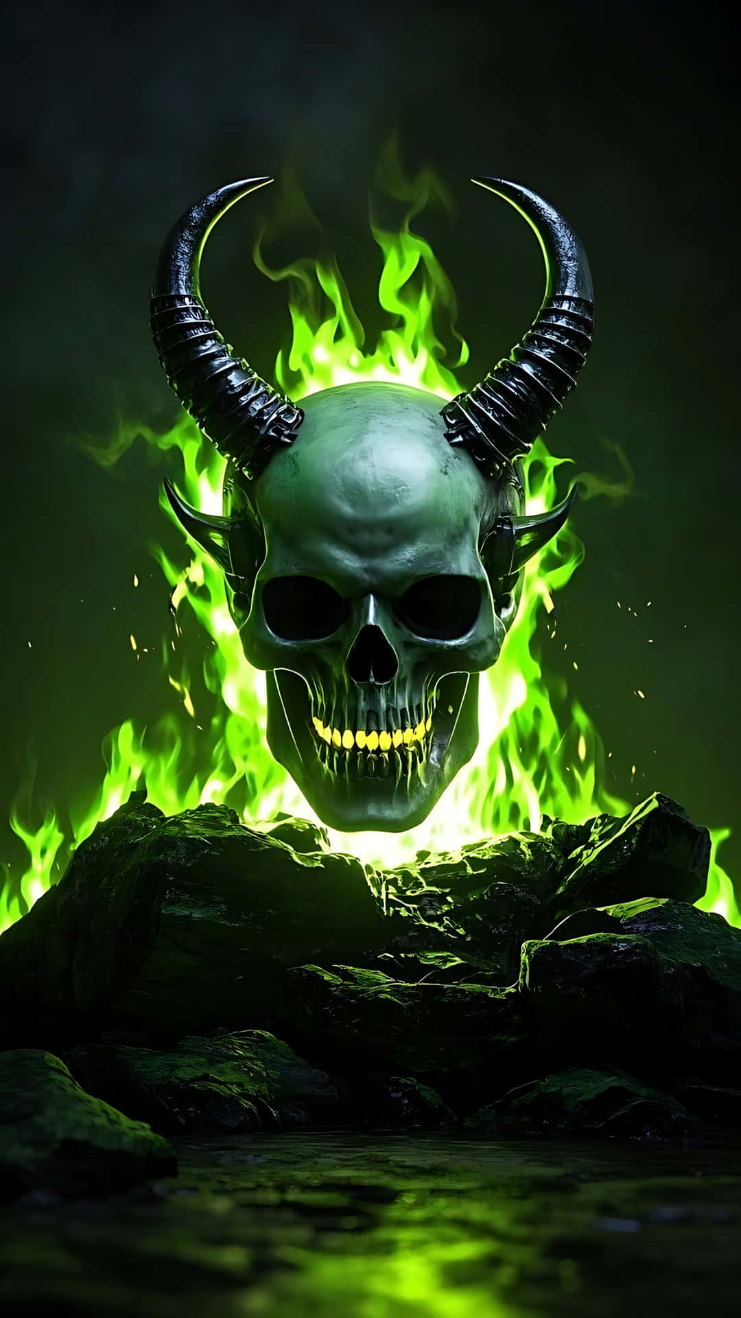 Skull with Devil Horns and Burning Shadows. ghost wallpaper 壁紙 — 一個帶有彎曲角的惡魔頭骨從被鮮綠色火焰吞噬的黑暗岩石中浮現。